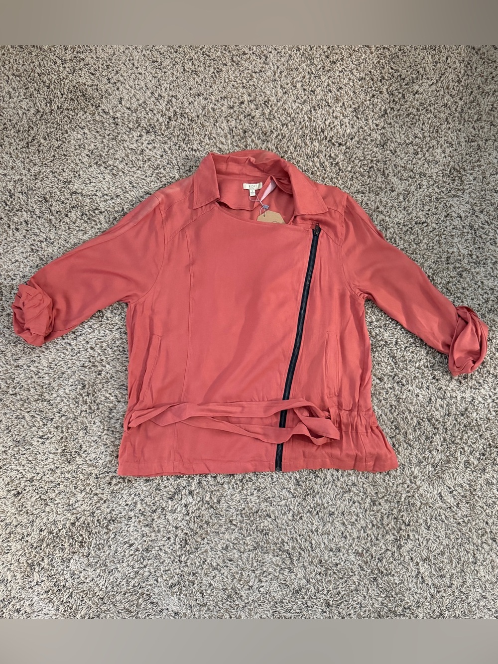 NWT KORI America Coral Rayon Moto Utility Jacket Belted Roll Tab Sleeve L